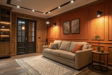 Cozy Living Room With a Warm Orange Ambiance at Night Generative AI