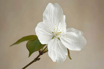 Obraz premium A delicate white flower with petals and green leaves against a soft background.