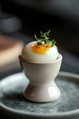 Gently prepared runny egg presented in an elegant ceramic egg holder.