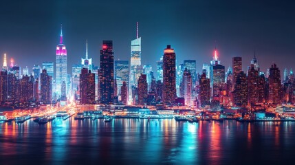 Fototapeta premium Night view of illuminated New York City skyline reflected in water