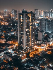 A high angle view of a modern city illuminated at night