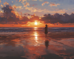 Fototapeta premium anime girl with beach sunrise,