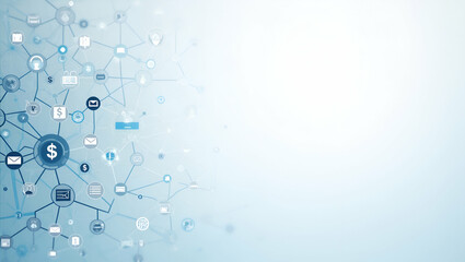 Obraz premium Minimalist wallpaper design featuring abstract network icons and fluid digital patterns symbolizing cross border digital financial services with modern fintech elements and expansive empty space for t