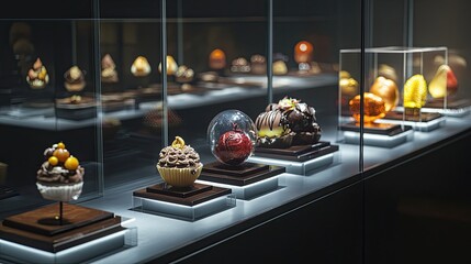 Various elegant desserts displayed inside a glass encased retail showcase