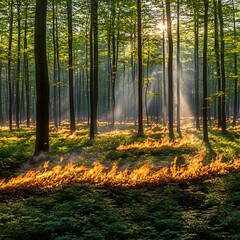 Obraz premium Forest Fire Sunrise Through Trees