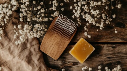 Fototapeta premium A wooden hairbrush next to a solid shampoo bar for an eco-friendly composition.