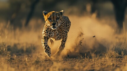 Cheetah's powerful surge: A dynamic sprint across savanna, wildlife spectacle