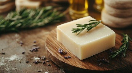 Organic handmade soap with lavender and rosemary on a wooden plate.