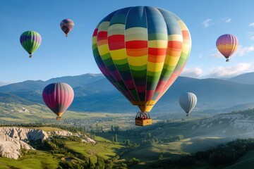 Obraz premium Colorful hot air balloons soar above lush valleys and distant mountains during a sunny day