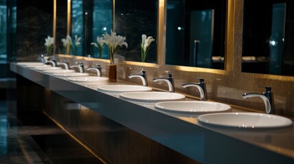 Modern public restroom sinks, flowers, sleek design