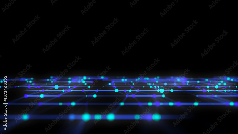 Poster Abstract grid with blue light on black background. Science background with moving dots and lines. Network connection technology. Digital structure with particles. 3d rendering.
