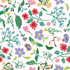 Hand drawn wild flowers seamless repeat pattern. Random placed, vector botany aop, all over surface print on white background.
