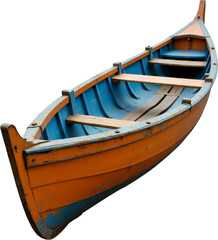 Obraz premium Rustic Orange & Blue Rowboat, Wooden Seats, Transparent Background