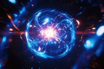 Obraz premium Vibrant energy sphere pulsating with blue and orange light in a dark, abstract space
