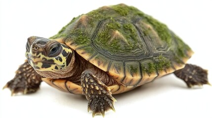 Obraz premium Charming colorful watercolor portrait featuring a tiny smiling turtle isolated on a serene white background