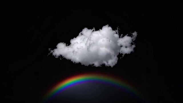 White cloud with colorful rainbow on black background animation, cloudy with rainfall and rainbow appears nature
