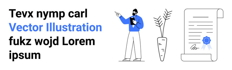 Professional pointing to formal document with certificate stamp, accompanied by decorative potted plant. Ideal for business, legal, certification, documentation, education, work presentations, simple