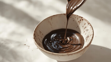 Fototapeta premium A stream of rich cocoa liquid gracefully entering a raw-edge ceramic bowl on a sunlit white surface, warm highlights and soft shadow play, organic textures