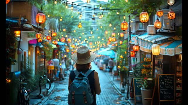 Woman Exploring Street Decorated with Lanterns in Hoi An Vietnam