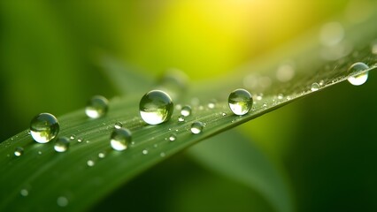 Close-up of dew droplets on a vibrant green leaf in morning light