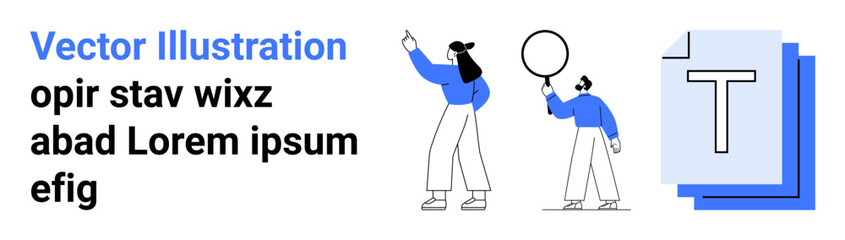 Two people interacting with abstract text and shapes, holding creative discussions. Ideal for collaboration, brainstorming, design, education, marketing, innovation, simple landing page