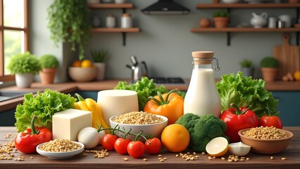 Assortment of Nutritious Plant-Based Foods in Kitchen Setting