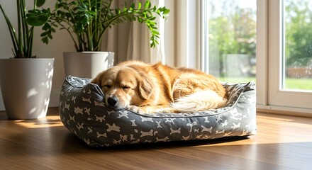 Golden Retriever Sleeping Comfortably in a Cozy Dog Bed by the Window on a Sunny Day
