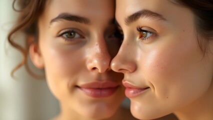 Fototapeta premium Two beautiful, young women's faces, close together, showing skin, and healthy natural lifestyles