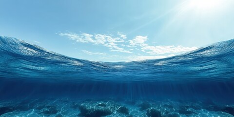 Fototapeta premium Blue sea ocean water surface and underwater with sunny and cloudy sky,seascape summer background wallpaper.