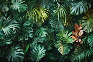Naklejka premium Lush green foliage creates a vibrant tropical backdrop filled with life and color.