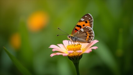 Painted Lady butterfly feeding nectar on a pink Zinnia flower with a bright green bokeh background.