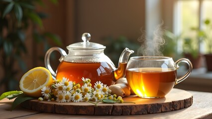Herbal Tea with Lemon, Chamomile, and Ginger on Wood Board