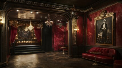 Ornate, red, interior, private room, with stage and artwork
