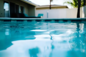Pool view. Water ripple, home, sun. Summer day. Relaxing