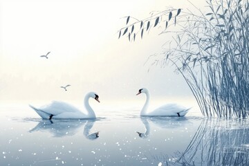 Mute swans gracefully glide across the surface of the frozen lake, creating a serene winter scene.
