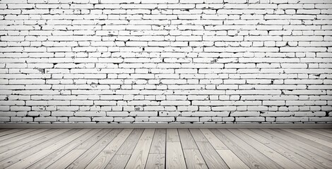 White brick wall with wooden floor in clean interior setting, perfect for poster or canvas mockup, empty layout, advertising space. Ai generative