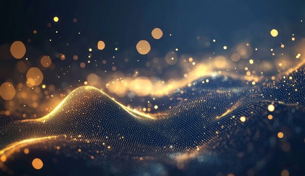 Abstract digital landscape of swirling, golden particles against a dark backdrop.  Particles form undulating waves, with glowing, diffused light effects - Powered by Adobe
