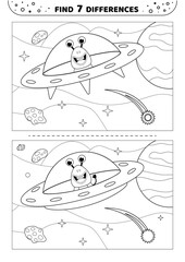 Find 7 differences. Black and white. UFO in space. Game for kids. Isolated vector illustration eps 10
