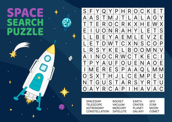 Word search game puzzle for kids. Rocket in space. English words. Cartoon. Isolated vector illustration eps 10
