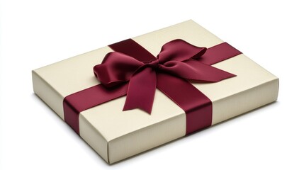 Obraz premium Elegant gift box with a glossy red ribbon presented on a pristine white background for special celebrations