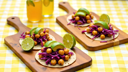 Mini tacos with chickpeas and red cabbage on wooden boards over a yellow-checkered tablecloth