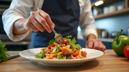 Elegant food plating: Chef preparing couscous salad with fresh vegetables and herbs