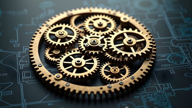 Detailed golden gears on a blueprint, showcasing engineering and precision in a mechanical system.