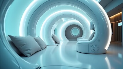 Fototapeta premium Modern futuristic interior with medical diagnostic equipment and advanced technology.