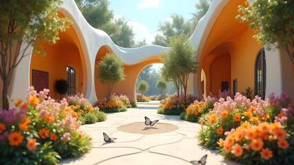 Dreamy courtyard featuring a butterfly, lush flowerbeds, and unique architecture