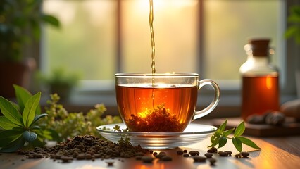 Pouring herbal tea into a clear glass cup with leaves, herbs, and sunlight creating a warm and inviting scene.