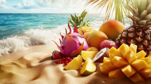 Fresh tropical fruits on sandy beach near ocean waves under bright sunlight showcasing summer bliss and vibrant colors