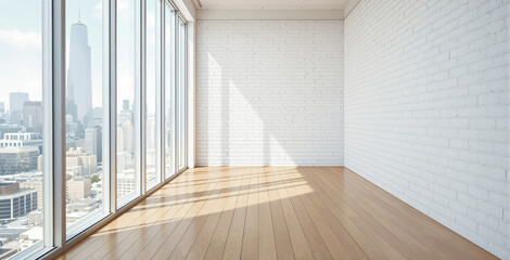 Obraz premium Empty modern interior with white brick wall and wooden floor, sunlight through large windows, clean mockup space for poster or advertising design. Ai generative