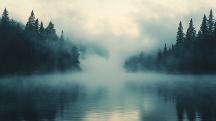 Fototapeta premium Ethereal vista of misty river, tranquil waterway obscured by dense fog embracing the forest
