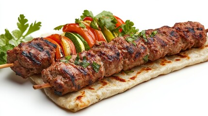 Vibrant and appetizing grilled kebab with colorful vegetables on a pristine white background